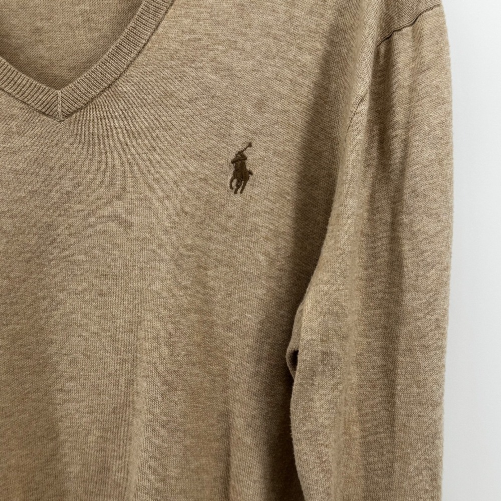 Polo Ralph Lauren Men V-Neck Sweater Tan Heather Pony Logo Sz Medium 100% Cotton - Picture 7 of 9